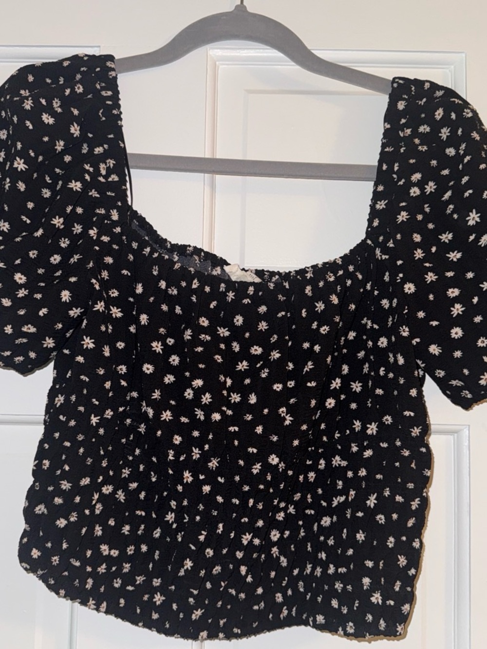Smocked Black Daisy Square-Neck Top